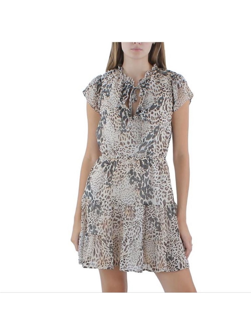Steve Madden Neutral Leopard Print Tie-Neck Mini Dress